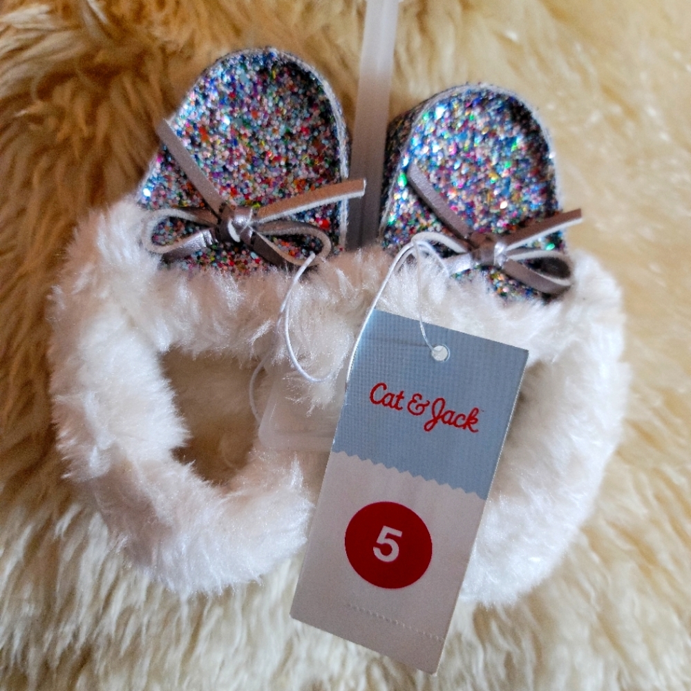 Cat And Jack Rainbow Glitter Sherpa Lined Slippers Girls Small Size 5 NWT - Picture 7 of 11